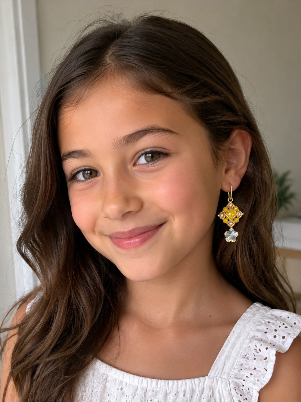 Gold-Tone Yellow Beaded Dangle Earrings with Crystal Flower Drop